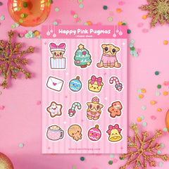 Happy Pink Pugmas Sticker Sheet Accessories Milkshake the Pug
