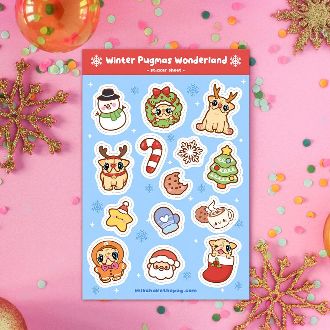 Winter Pugmas Wonderland Sticker Sheet Accessories Milkshake the Pug